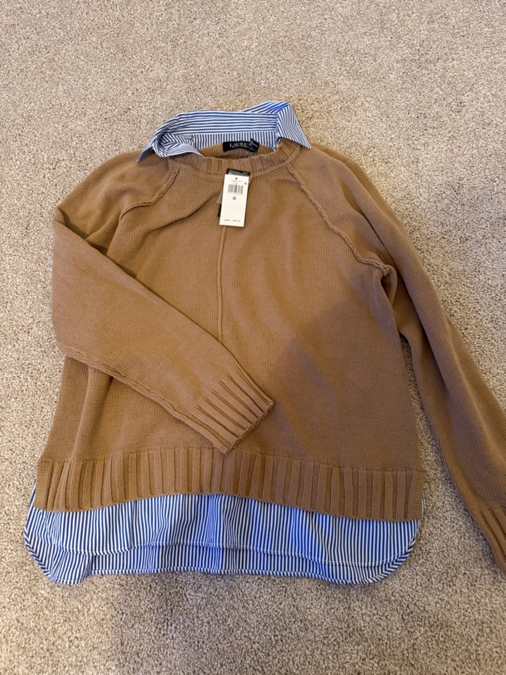 Lauren Ralph Lauren Layered Cotton Sweater Large New Classic Camel Preppy XL NEW - Picture 2 of 3